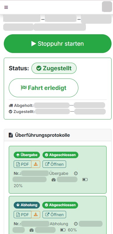 Auftragsansicht mit Stoppuhr, Status und digitalen Übergabeprotokollen