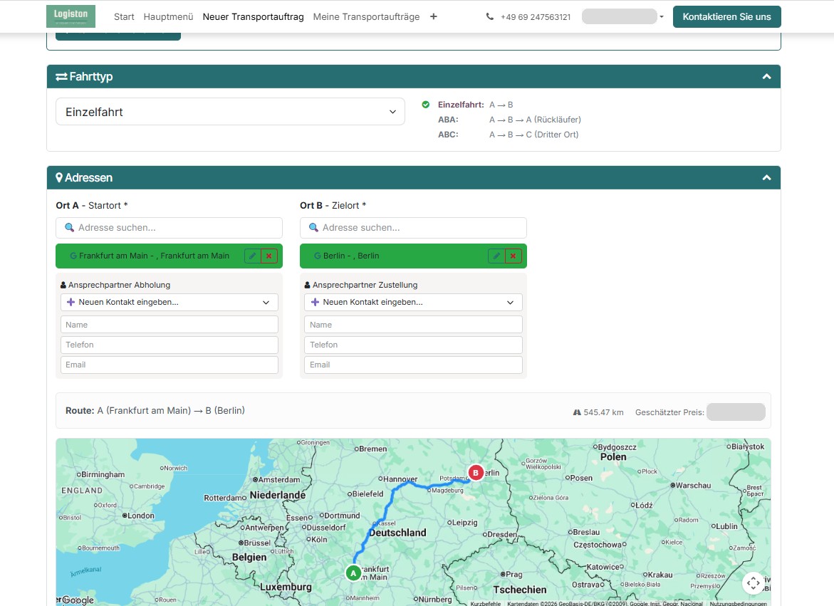 Neuer Transportauftrag im Kundenportal mit Fahrttyp, Adressen, Route und Kartenansicht