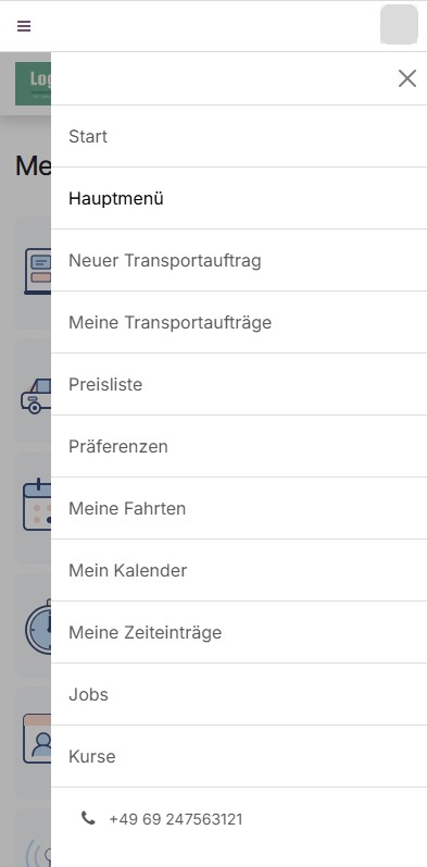 Menü der Fahrer-App mit Transportaufträgen, Fahrten, Kalender, Zeiteinträgen, Jobs und Kursen